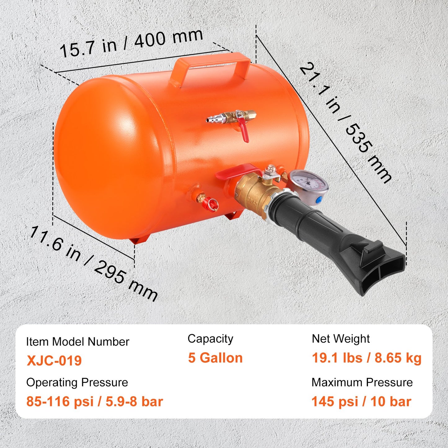 Tire Bead Blaster, 5 gallon/19L capacity, includes pressure gauge and handle, 145 PSI Max inflation tank, works between 85-116 PSI for cars, trucks and ATVs