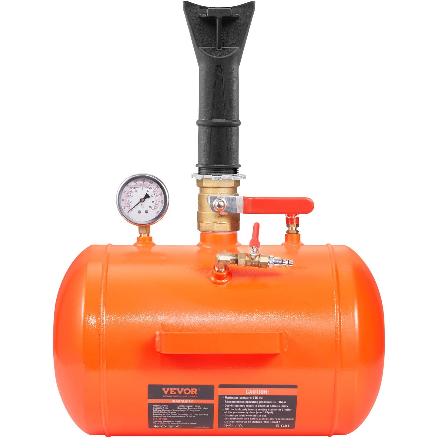 Tire Bead Blaster, 5 gallon/19L capacity, includes pressure gauge and handle, 145 PSI Max inflation tank, works between 85-116 PSI for cars, trucks and ATVs