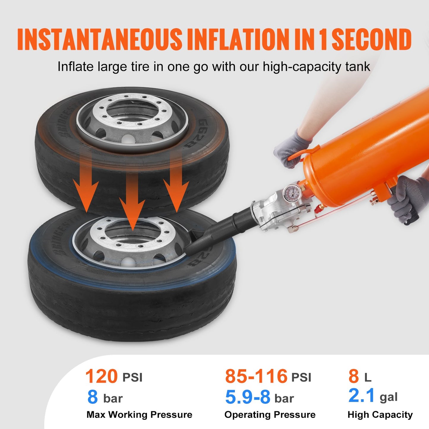 Tire Bead Setter, 8L kapacitet, 120 PSI Air Bead Blaster, handhållen och bärbar uppblåsningsenhet, 85-116 PSI för lastbilar, traktorer, terränghjulingar och bilar