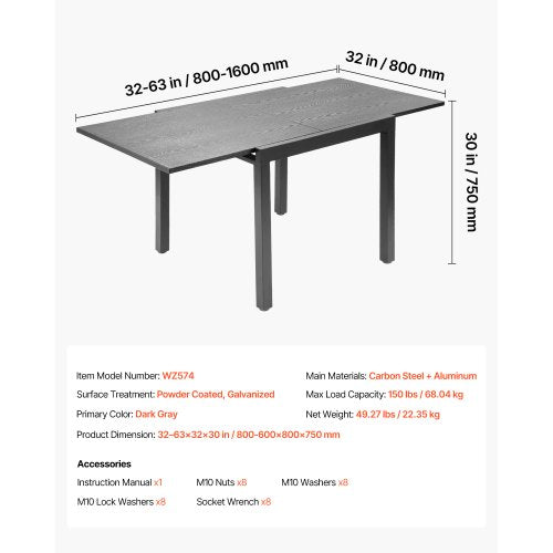 Utbyggbart matbord för utomhusbruk, 80-160 cm rektangulära bistrobord för 4-6 personer, aluminiumram, metallstål, stora vädertåliga möbler för gräsmatta, veranda, mörkgrå | EU