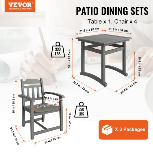 5 delar uteplats matsalsset, Utomhus fyrkantiga möbler Bord och stolar, All Weather Trädgårdsmöbler bordsset, HIPS Small Patio Conversation Set, för gräsmatta, däck, bakgård, poolside, ljusgrå | EU