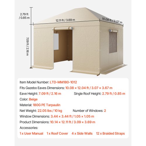 Vinterpaviljongöverdrag passar 3,07 x 3,67 m paviljonger med hård tak, allväderspaviljongöverdrag med sidoväggar och fönster, högdensitets PE-material, slutna förvaringsskydd, paviljonger ingår ej | EU