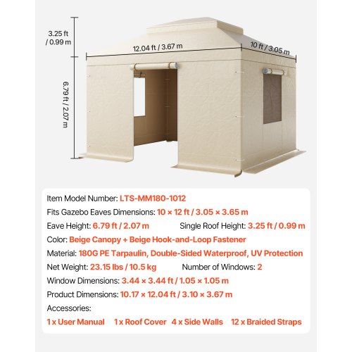 Vinterpaviljongöverdrag passar 3,05 x 3,65 m paviljonger med hård tak, allväderspaviljongöverdrag i dubbla nivåer med sidoväggar och fönster, högdensitets PE-slutet förvaringsskydd, paviljonger ingår ej | EU