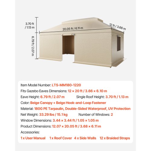 Vinterpaviljongöverdrag passar 3,66 x 6,10 m paviljonger med hård tak, allväderspaviljongöverdrag i dubbla nivåer med sidoväggar och nätfönster, högdensitets PE-slutet förvaringsskydd, paviljonger ingår ej | EU