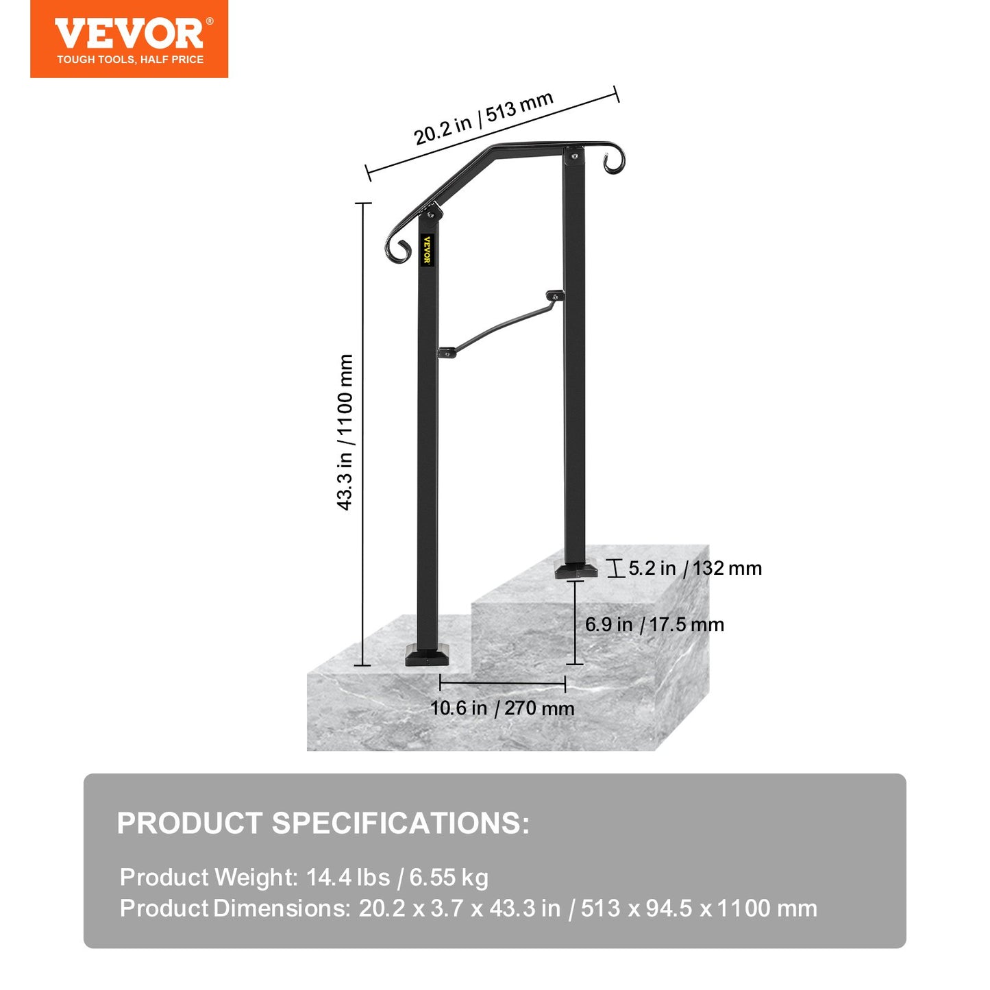 Arch #1 Handrail Fits 1 Step Matt Black