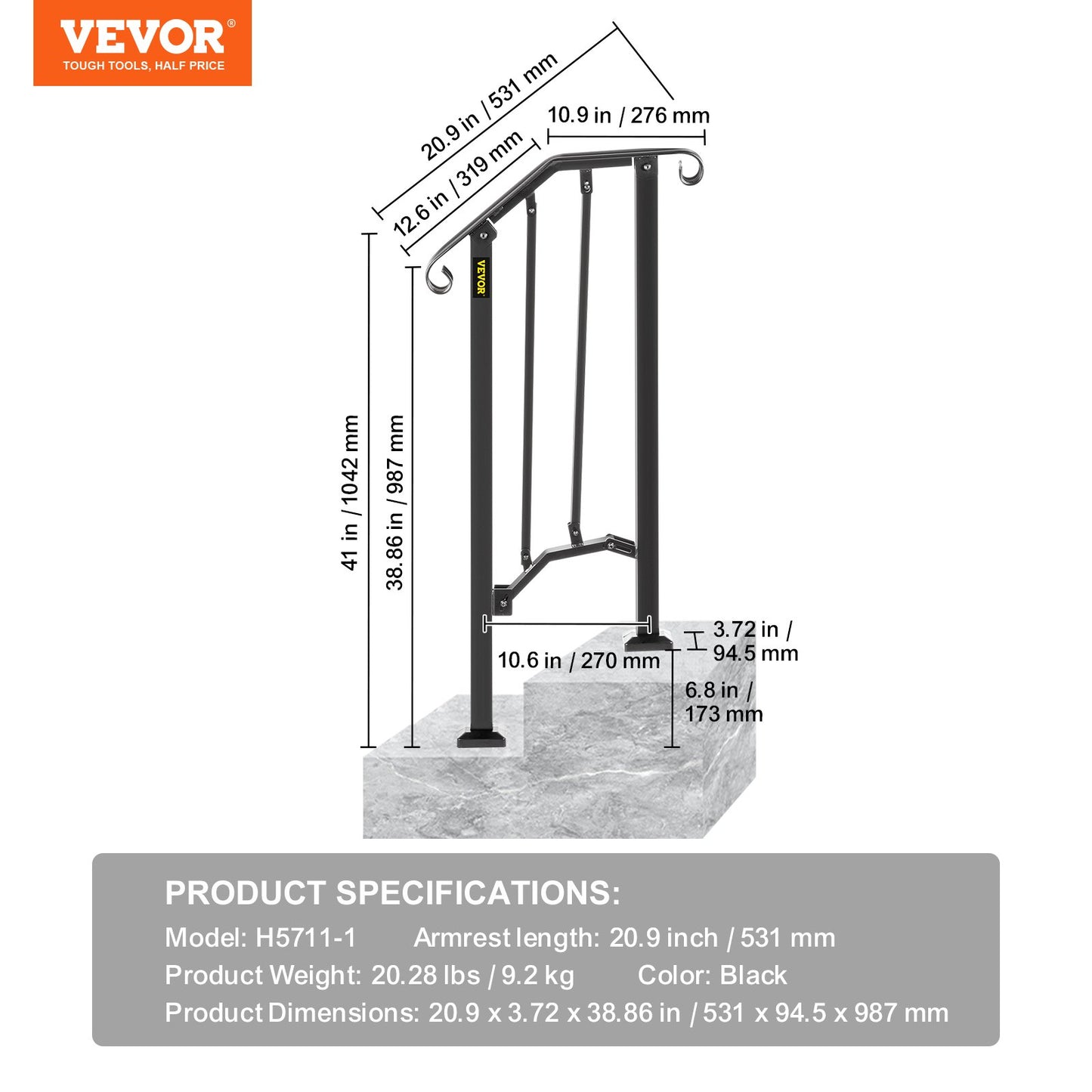 Handrail Bar #1 Fits 1-Step Matte Black