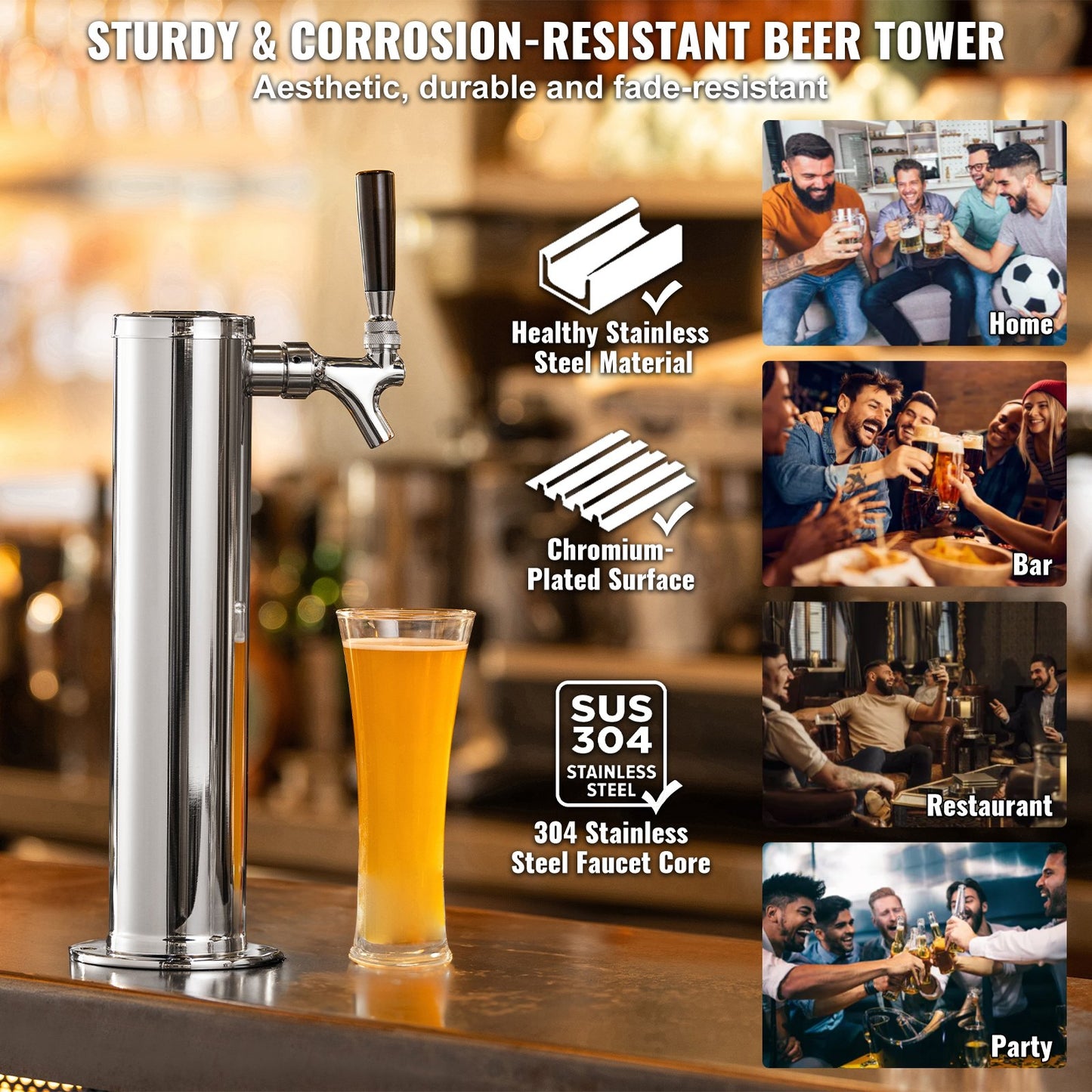 Kegerator Tower Kit, Single Tap Beer Conversion Kit, Rostfritt stål Keg Beer Tower Dispenser med Dual Gauge W21.8 Regulator & S-System Keg Coupler för Party Home