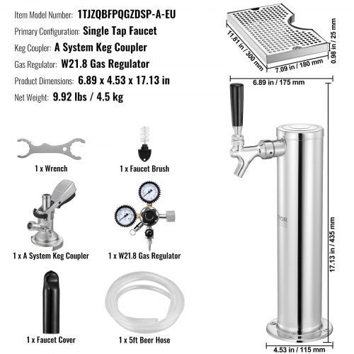 Single Tap Kegerator Tower Kit Kegerator Beer Tower & A-System Keg Coupler | EU