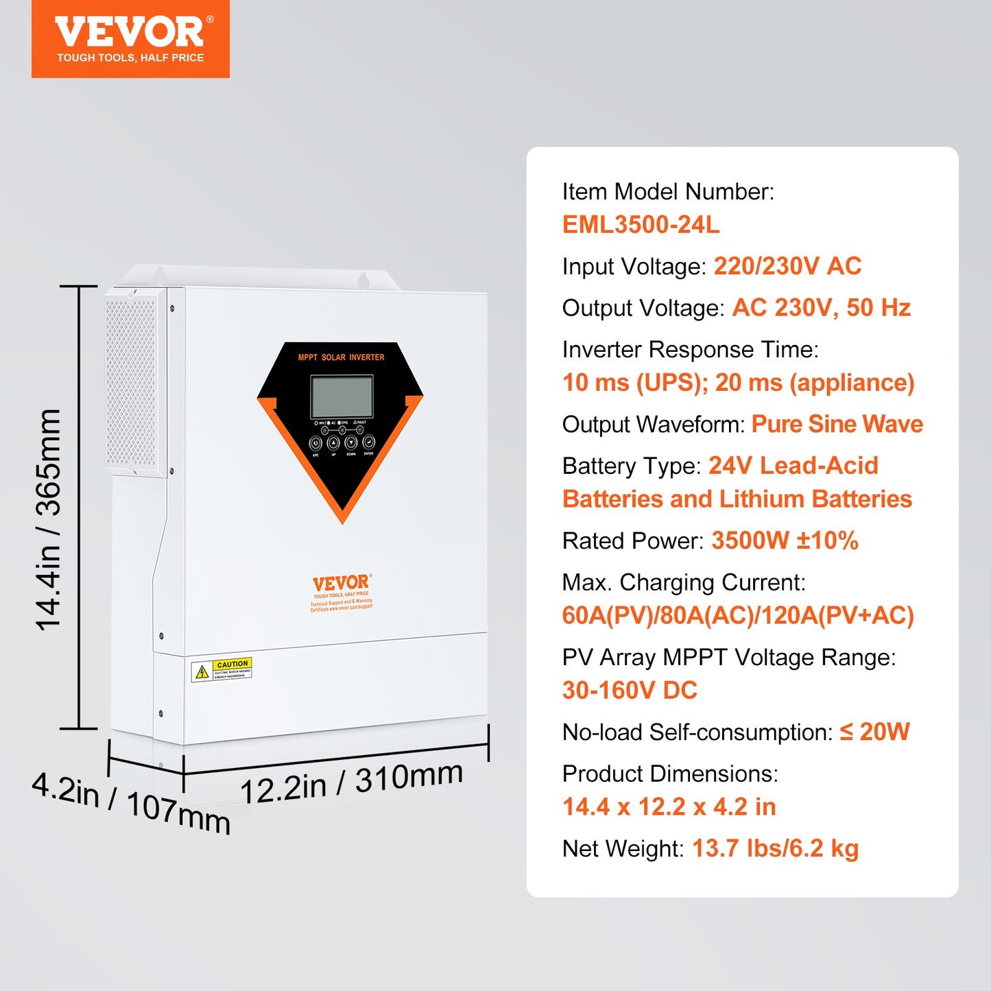 Hybrid-Solarwechselrichter-Ladegerät 3500 W 230 V mit integriertem 60 A MPPT-Controller