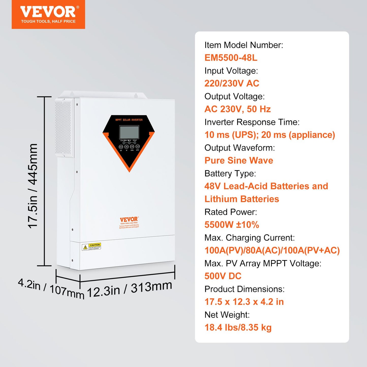 Hybrid-Solarwechselrichter-Ladegerät 5500 W 230 V mit 100 A MPPT-Solarregler