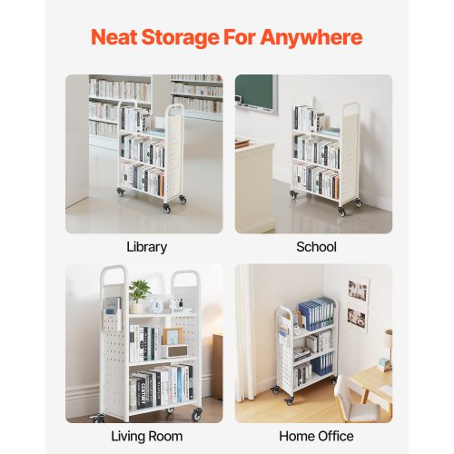 3-Tier Rolling Book Cart Single-Sided L-Shaped Book Cart in White