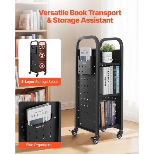 3-Tier Rolling Book Cart Single-Sided L-Shaped Shelf Book Cart Black