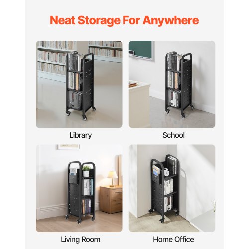 3-Tier Rolling Book Cart Single-Sided L-Shaped Shelf Book Cart Black