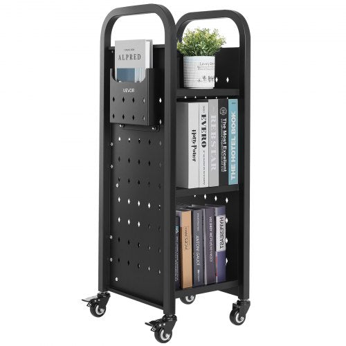 3-Tier Rolling Book Cart Single-Sided L-Shaped Shelf Book Cart Black