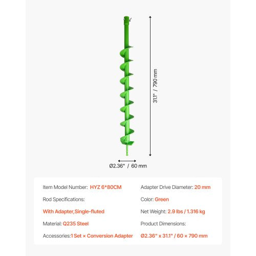 Auger Drill 2.36 x 31.1 Inch Soil Spiral Post Hole Digger Planting Tool