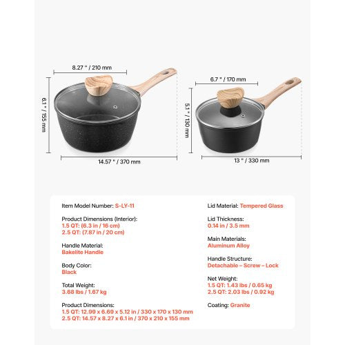 Kastrullset, 1,5 QT och 2,5 QT Nonstick-kastrull med glaslock, mångsidiga såsgrytor med avtagbara handtag, kastrull för kök med beläggning, induktionskompatibel, svart | EU