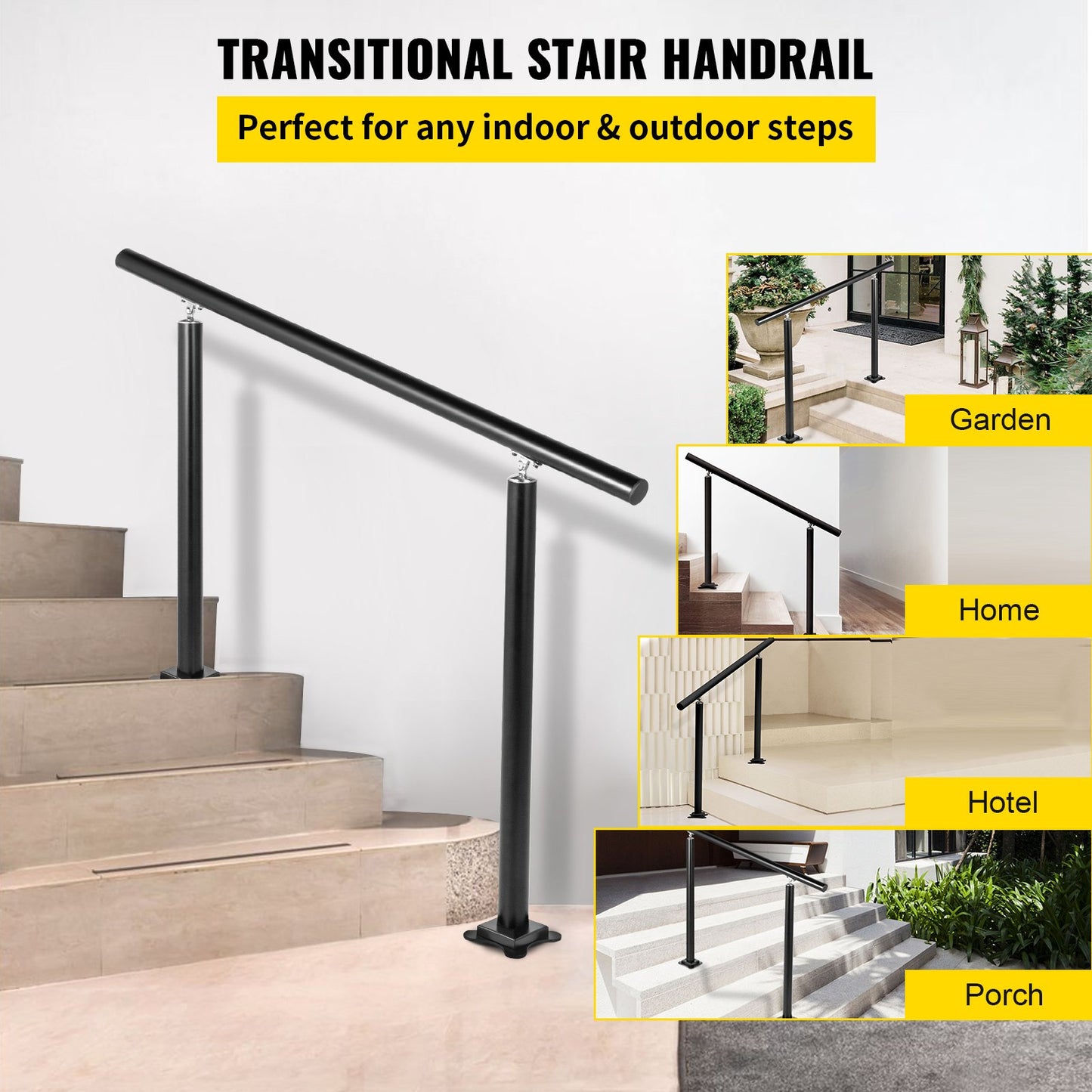 Handlauf für Außentreppen, 4 Fuß, 34 Zoll Außengeländer, schwarzes Außentreppengeländer, verstellbar von 0 bis 60 Grad, Handlauf für Treppen im Freien, schwarzes Aluminium-Treppengeländer für den Garten