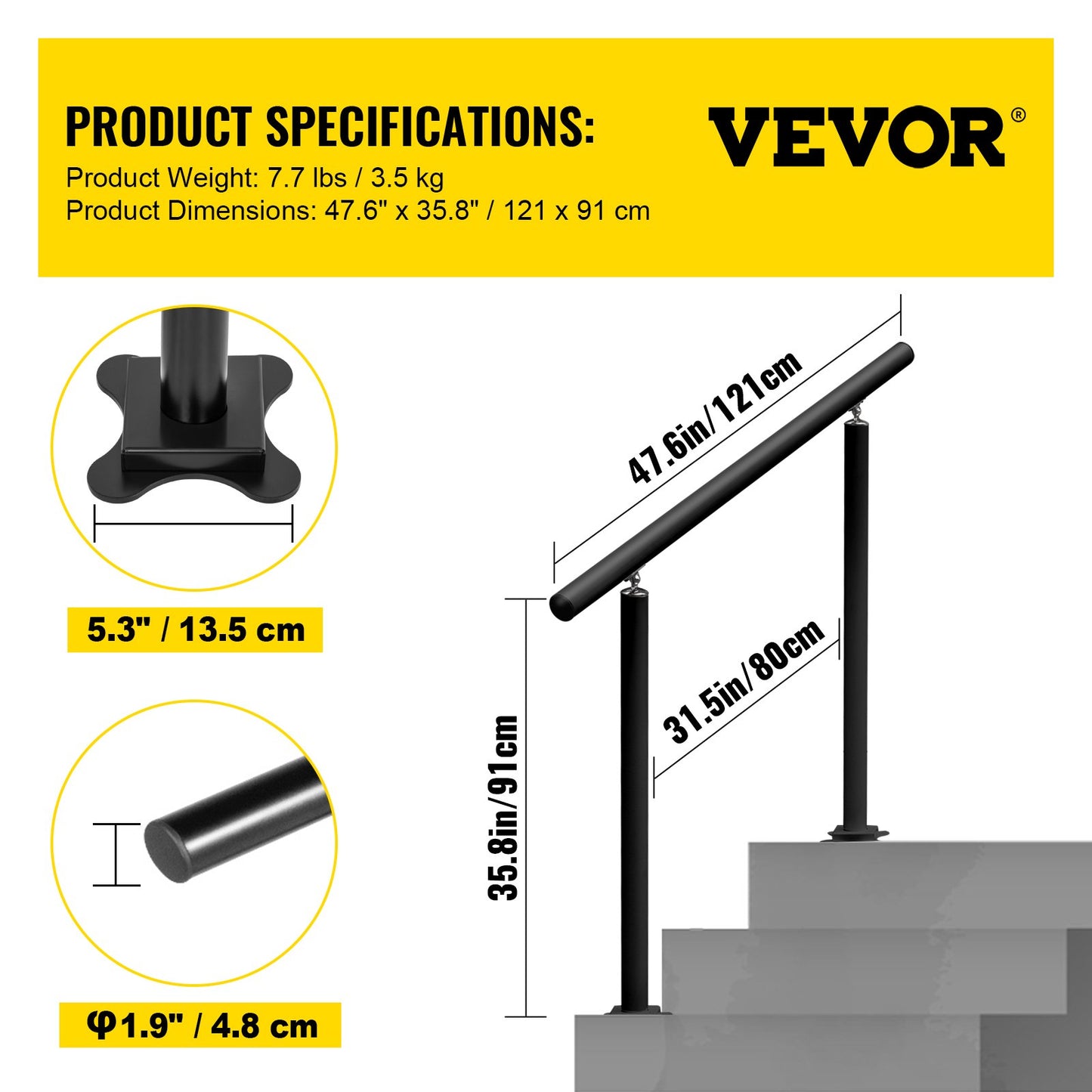 Handlauf für Außentreppen, 4 Fuß, 34 Zoll Außengeländer, schwarzes Außentreppengeländer, verstellbar von 0 bis 60 Grad, Handlauf für Treppen im Freien, schwarzes Aluminium-Treppengeländer für den Garten