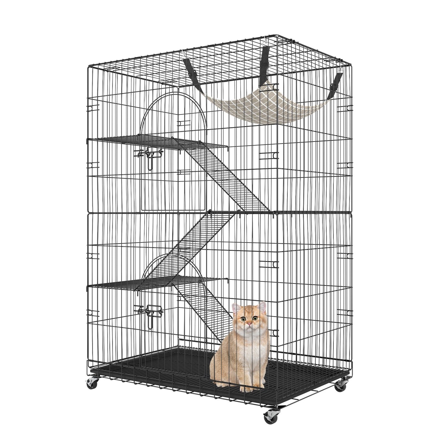 Catio, 4-Tier Large Indoor Cat Cages, Detachable Metal Playpen Enclosure with 360° Rotating Wheels, with 3 Ladders and a Hammock for 1-3 Cats, 35.4x23.6x51 inches
