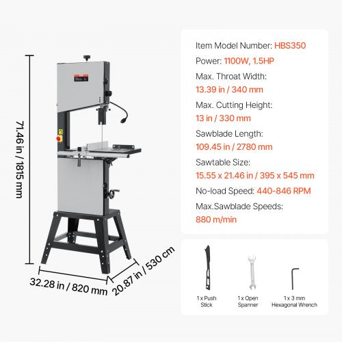 Träbearbetningsbandsåg 13,39 tum Bänkbandsåg 440–846 varv/min 1100 W 1 1/2 hk | EU