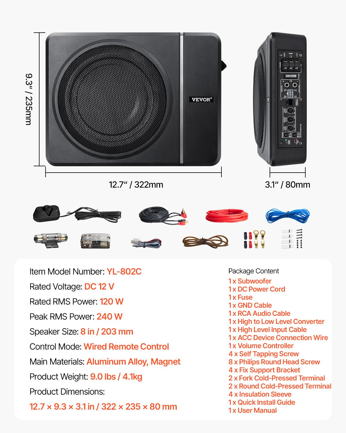8" 240W Auto-Subwoofer unter dem Sitz Schlankes Subwoofersystem für Auto/LKW
