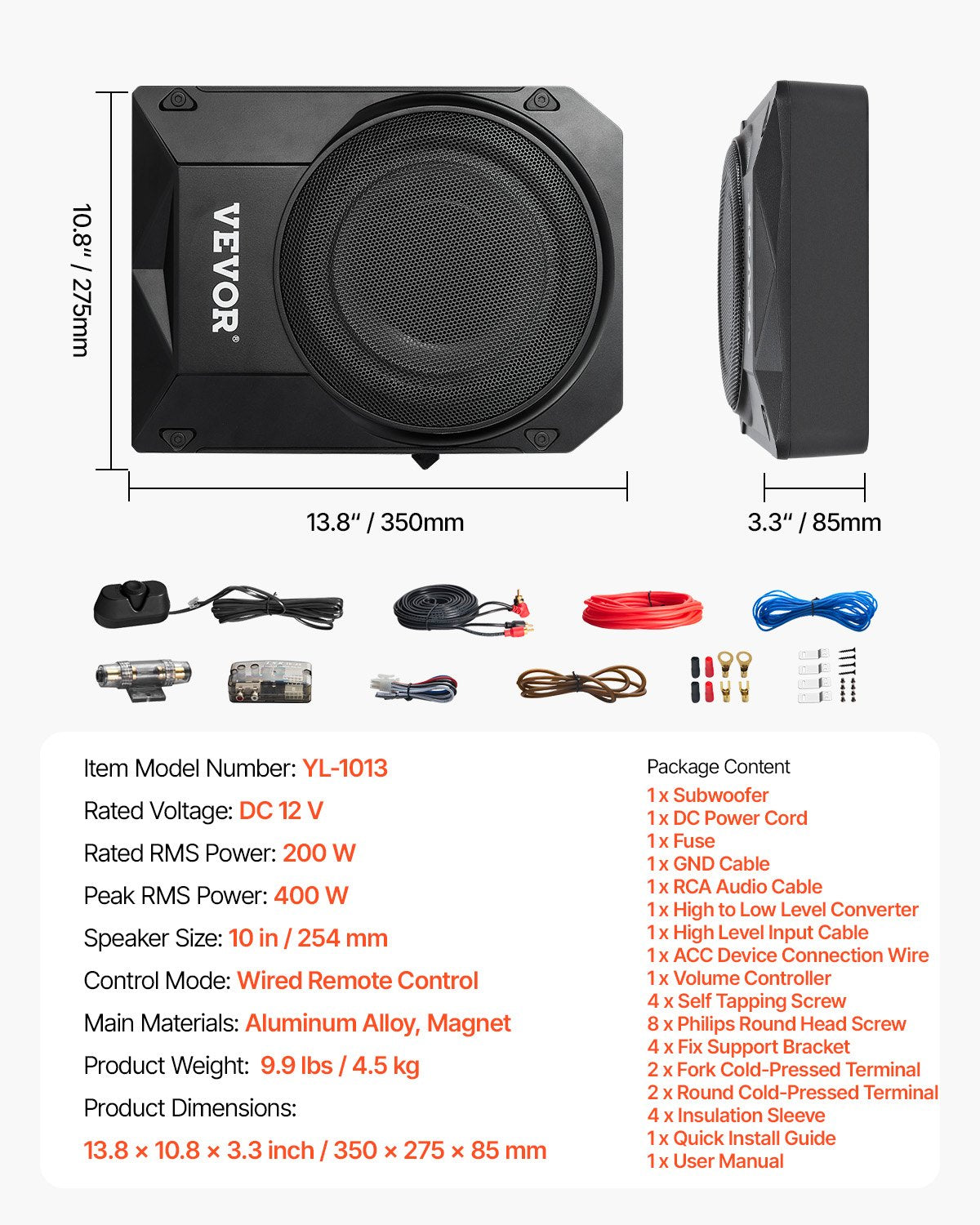 10" 400W under säte bil subwoofer Slim powered bil/lastbil subwoofer system