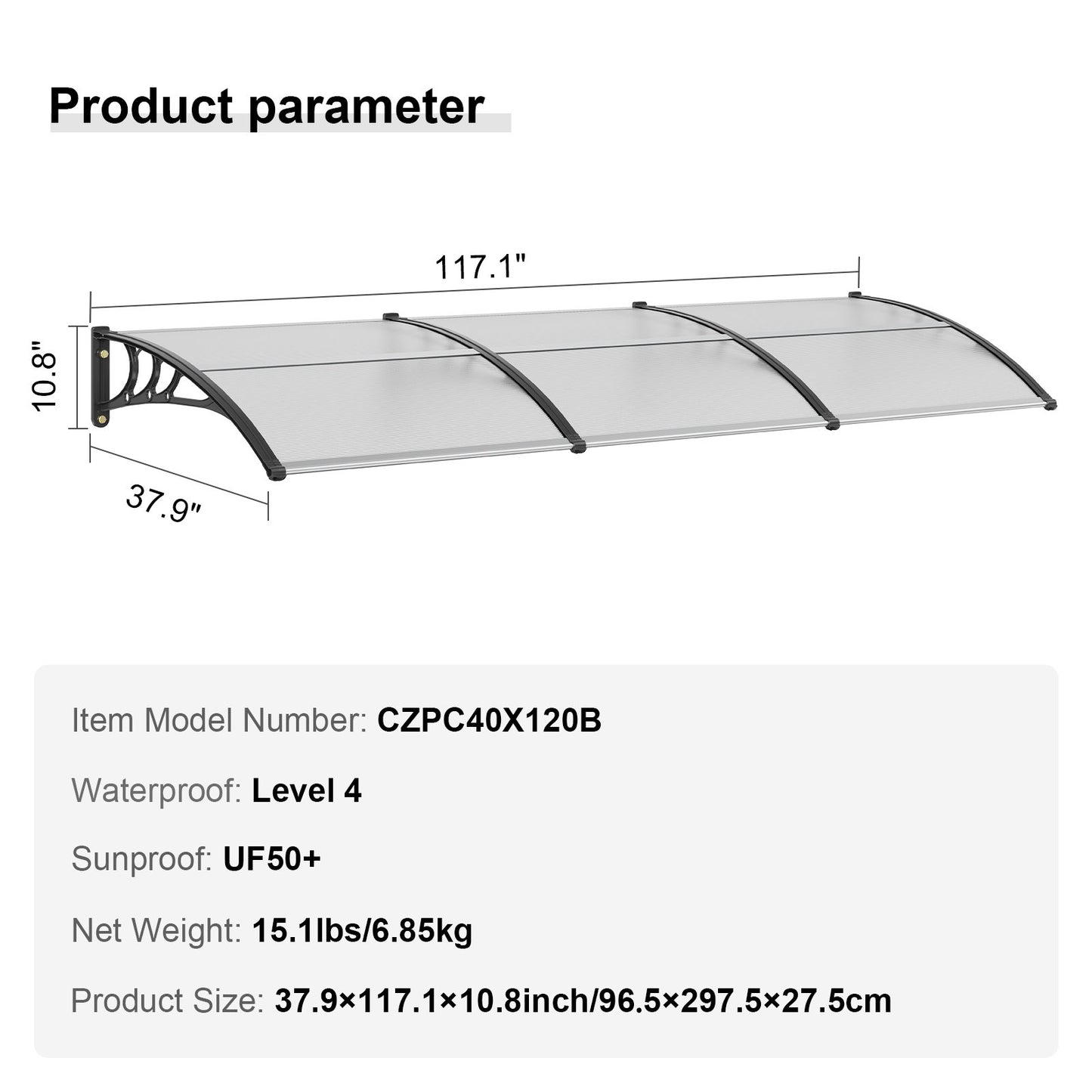 Fönsterdörrsmarkis, 38" x 117" Dörrtak exteriör, UF50+ PC-solskyddsmarkiser, uteplatsmarkis Solskydd, Transparent, Vattentät, för sollucka, UV, regn, snöskydd