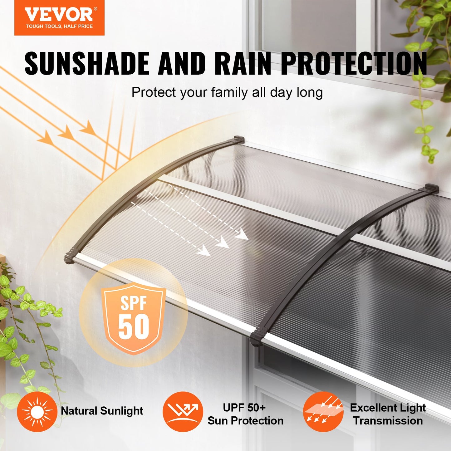 Fenster-/Türmarkise, 101,6 x 203,2 cm, UPF 50+, Polycarbonat, für Eingangstüren, Außenfenstermarkise, Überhangmarkise für die Vordertür für Sonnenläden, UV-, Regen- und Schneeschutz, Hohlgewebe