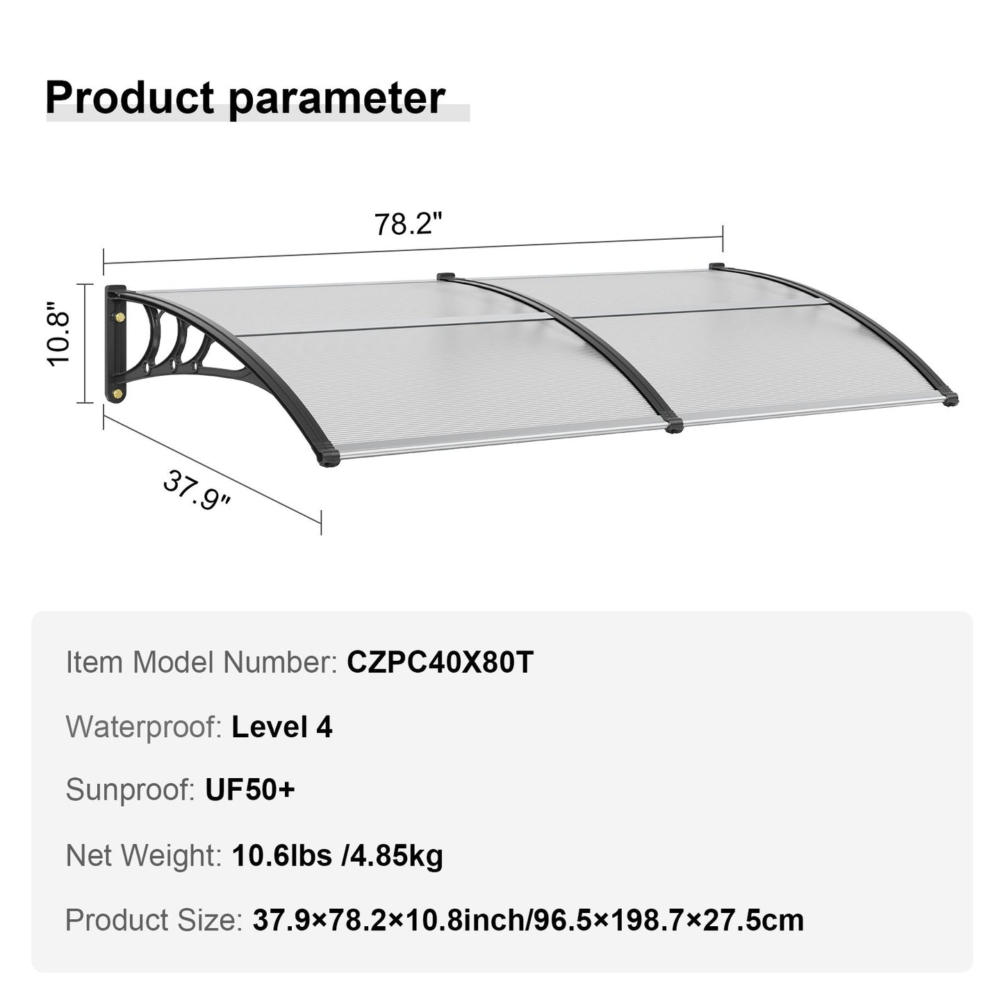 Fenster-/Türmarkise, 101,6 x 203,2 cm, UPF 50+, Polycarbonat, für Eingangstüren, Außenfenstermarkise, Überhangmarkise für die Vordertür für Sonnenläden, UV-, Regen- und Schneeschutz, Hohlgewebe