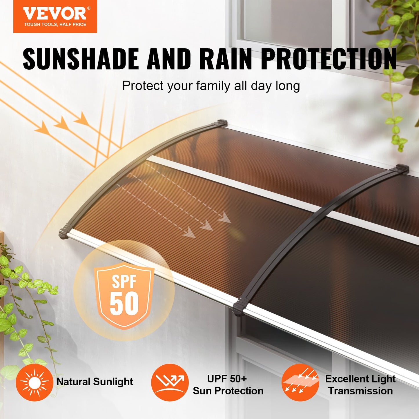 Window Door Awning 40" x 120", UPF 50+ Polycarbonate Entry Door Outdoor Window Awning Exterior, Front Door Overhang Awning for Sunroof, UV, Rain, Snow Protection, Hollow Fabric