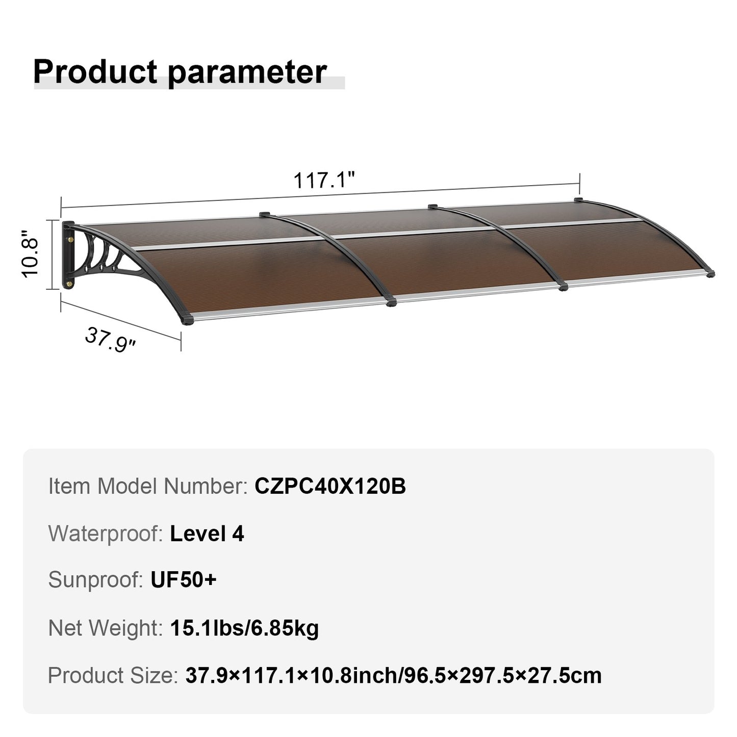 Window Door Awning 40" x 120", UPF 50+ Polycarbonate Entry Door Outdoor Window Awning Exterior, Front Door Overhang Awning for Sunroof, UV, Rain, Snow Protection, Hollow Fabric