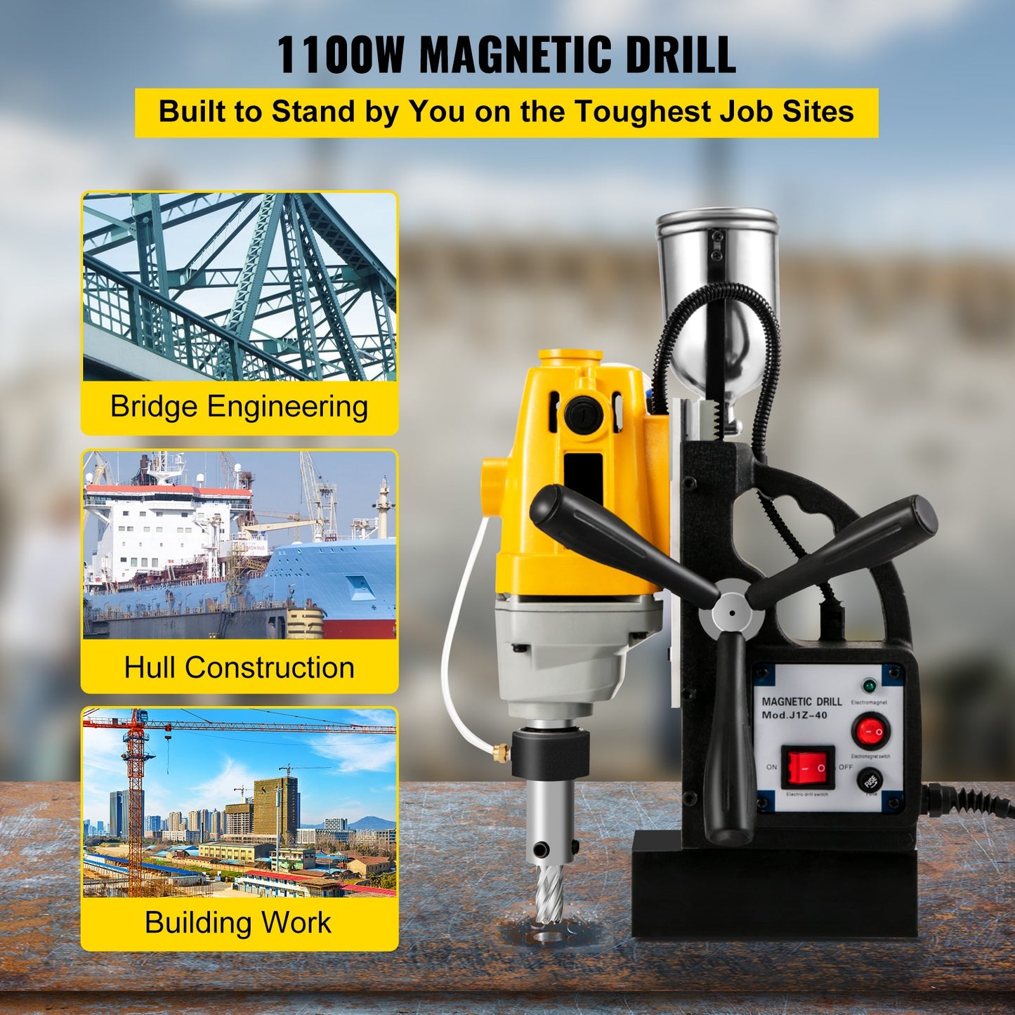 MD40 1-1/2 Inch Electric Magnetic Drill Press Drilling Machine with 11PCS HSS Cutter Set Precise Annular Cutter Set Compact Switchable Evolution 1100W Magnetic Power