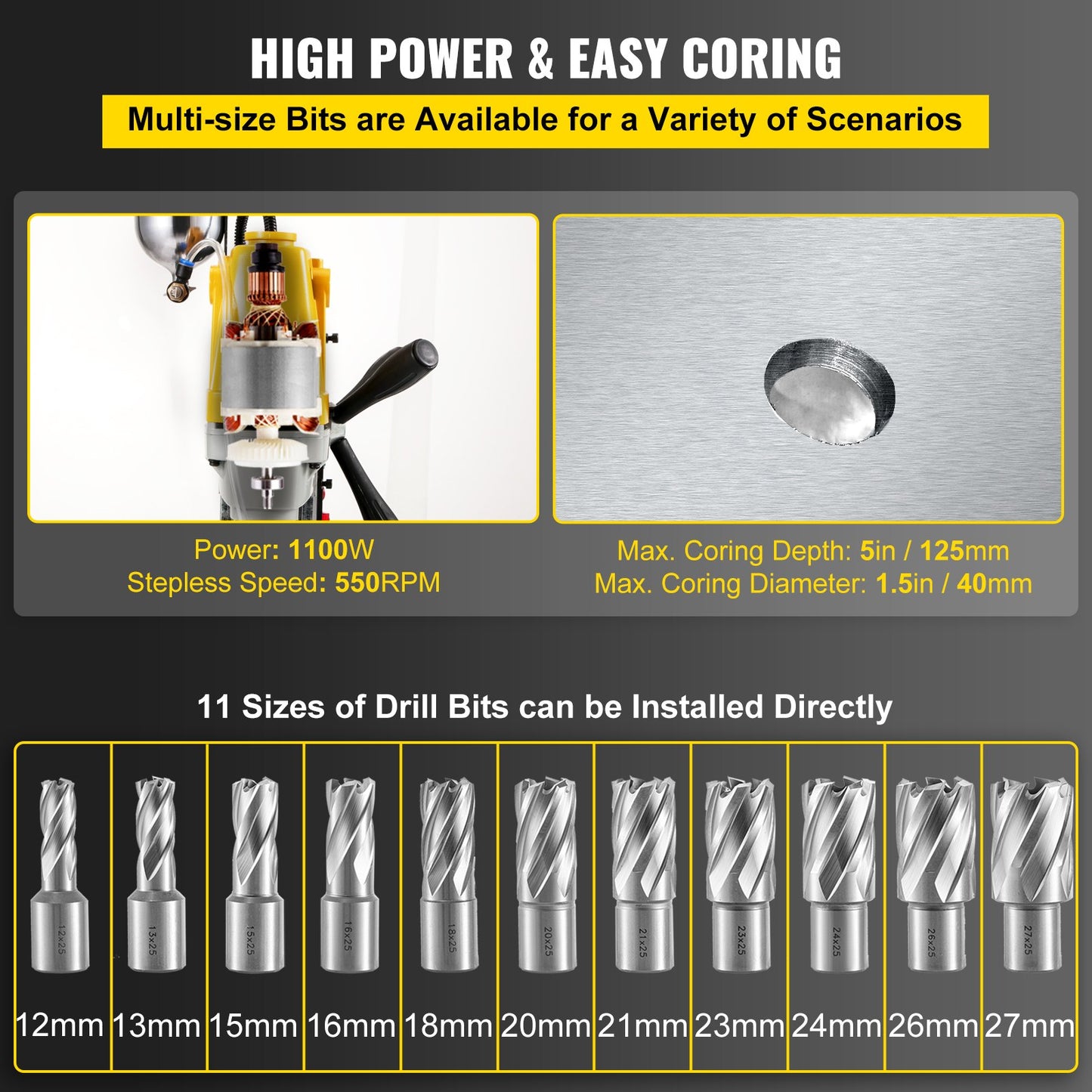 MD40 1-1/2 Inch Electric Magnetic Drill Press Drilling Machine with 11PCS HSS Cutter Set Precise Annular Cutter Set Compact Switchable Evolution 1100W Magnetic Power