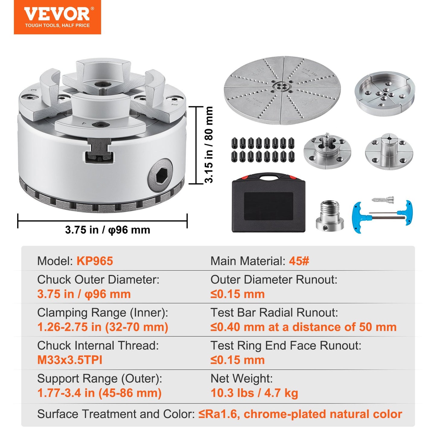 KP965 svarvchuck, 4-käft 3,75" diameter, metallsvarvchuck svarvmaskinstillbehör med 5 uppsättningar käftar, självcentrerande verktyg, för precisionsbearbetning, slipmaskiner, fräsmaskiner
