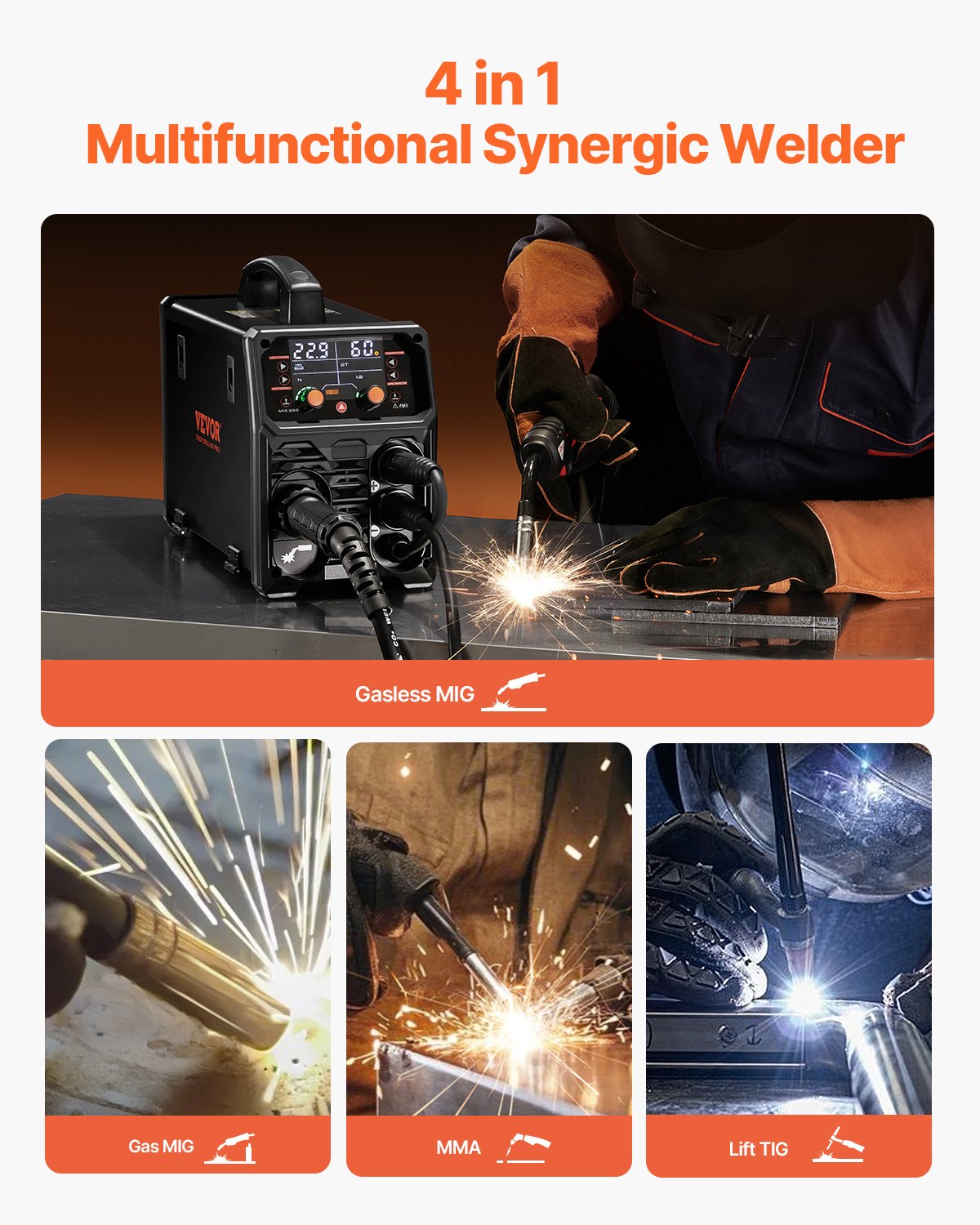 MIG Welder 200A Svetsmaskin 4-i-1 Gas MIG/Flux Core MIG/Stick/Lift TIG