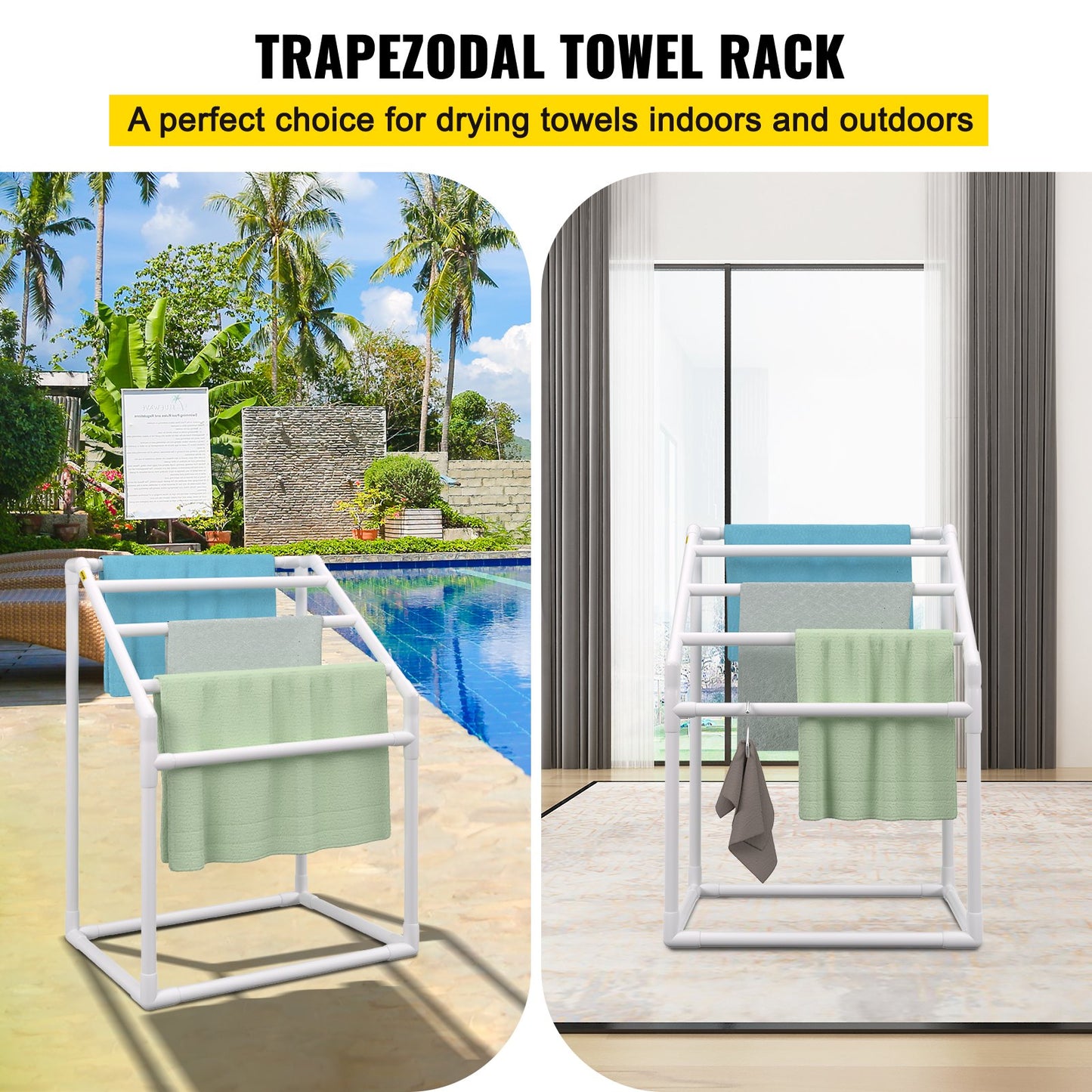 Pool Towel Rack, 5 Bar, White, Freestanding Outdoor PVC Trapezoidal Poolside Storage Organizer, Includes 8 Towel Clips, Mesh Bag, Hook, Also Stores Floats and Paddles, for Beach, Pool