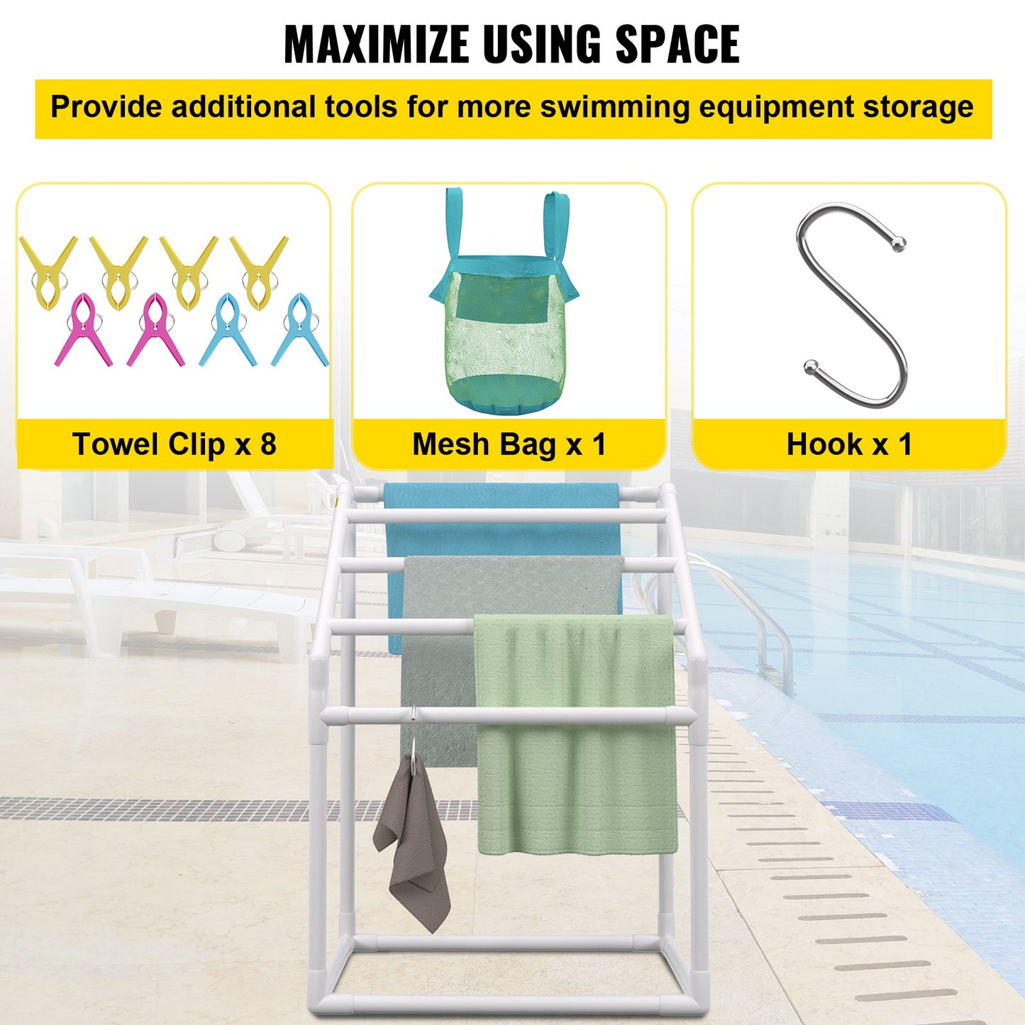 Pool Towel Rack, 5 Bar, White, Freestanding Outdoor PVC Trapezoidal Poolside Storage Organizer, Includes 8 Towel Clips, Mesh Bag, Hook, Also Stores Floats and Paddles, for Beach, Pool
