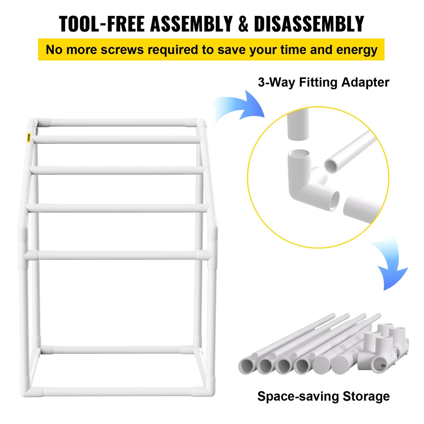Pool Towel Rack, 5 Bar, White, Freestanding Outdoor PVC Trapezoidal Poolside Storage Organizer, Includes 8 Towel Clips, Mesh Bag, Hook, Also Stores Floats and Paddles, for Beach, Pool