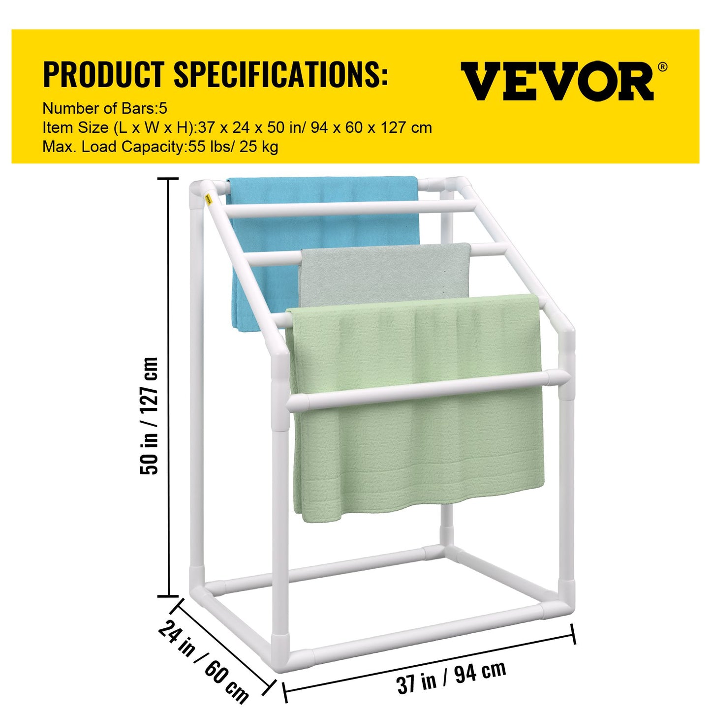 Pool Towel Rack, 5 Bar, White, Freestanding Outdoor PVC Trapezoidal Poolside Storage Organizer, Includes 8 Towel Clips, Mesh Bag, Hook, Also Stores Floats and Paddles, for Beach, Pool