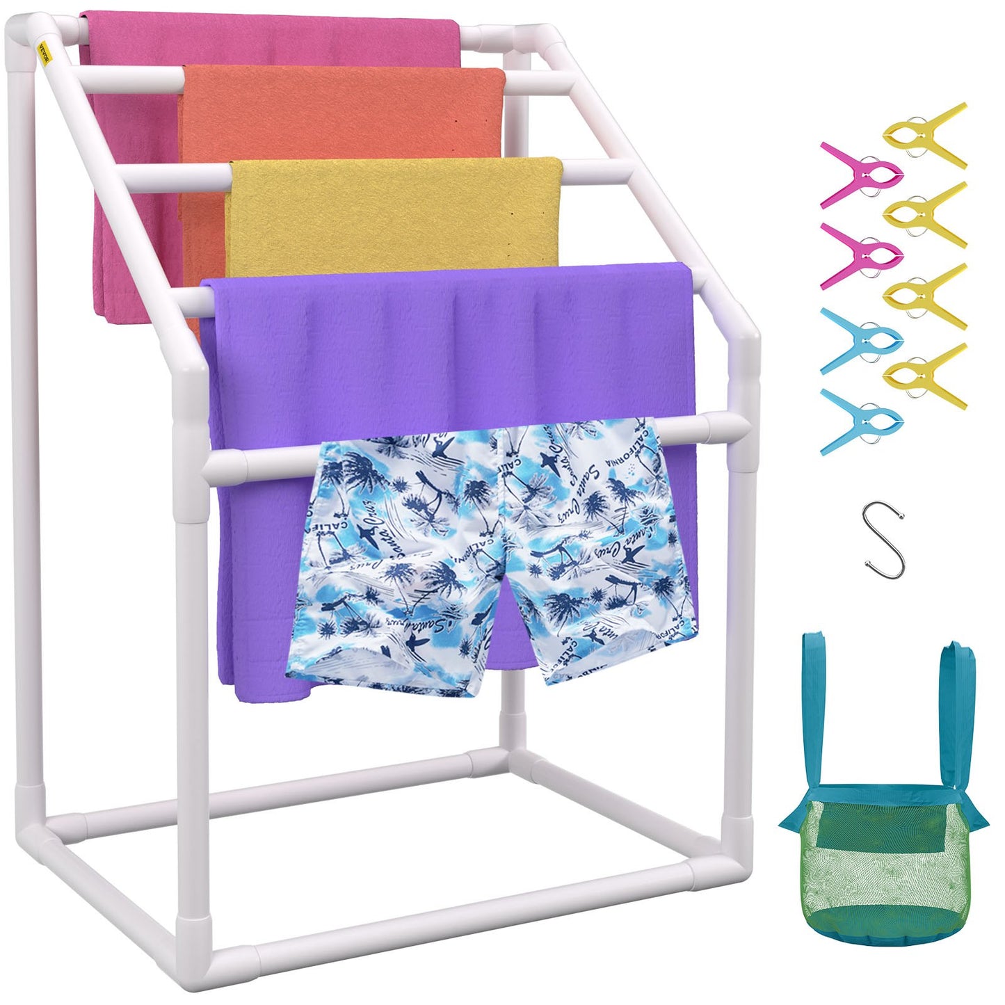 Pool Towel Rack, 5 Bar, White, Freestanding Outdoor PVC Trapezoidal Poolside Storage Organizer, Includes 8 Towel Clips, Mesh Bag, Hook, Also Stores Floats and Paddles, for Beach, Pool