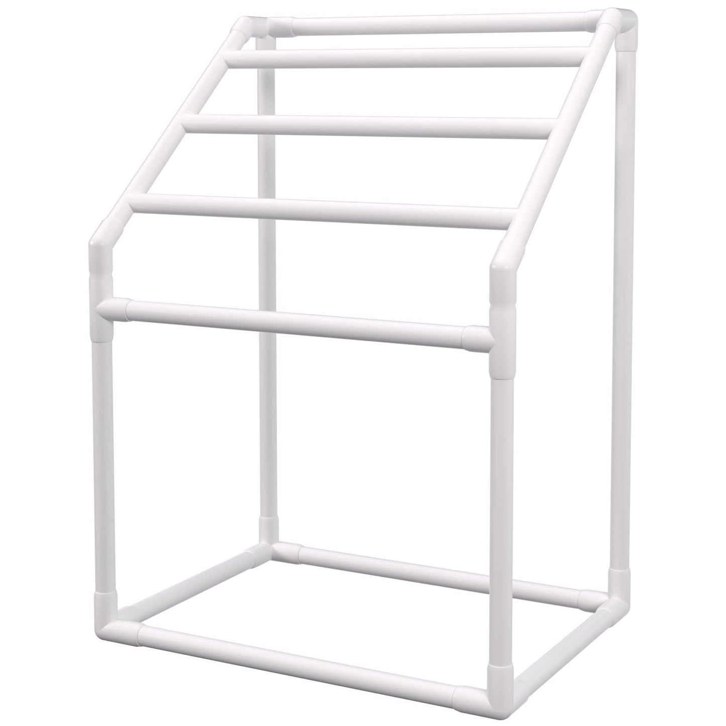 Pool Towel Rack, 5 Bar, White, Freestanding Outdoor PVC Trapezoidal Poolside Storage Organizer, Includes 8 Towel Clips, Mesh Bag, Hook, Also Stores Floats and Paddles, for Beach, Pool