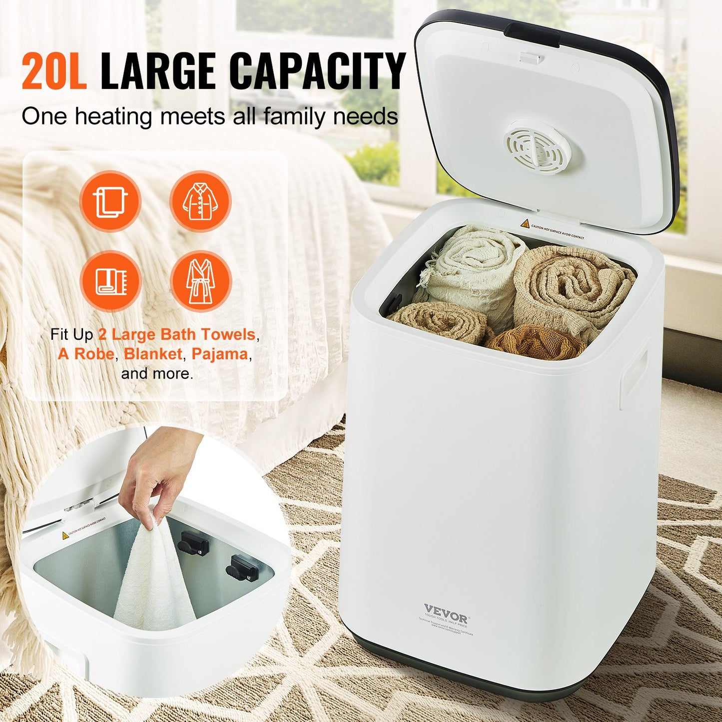 20L Large Towel Dryer with LED Display U-Shaped Light & Timer White