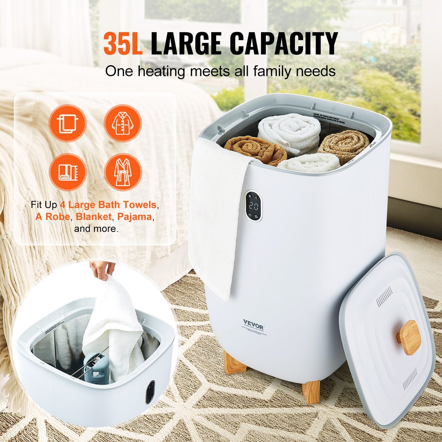35L Large Towel Drying Bucket with LED Screen Drying Function & Timer White