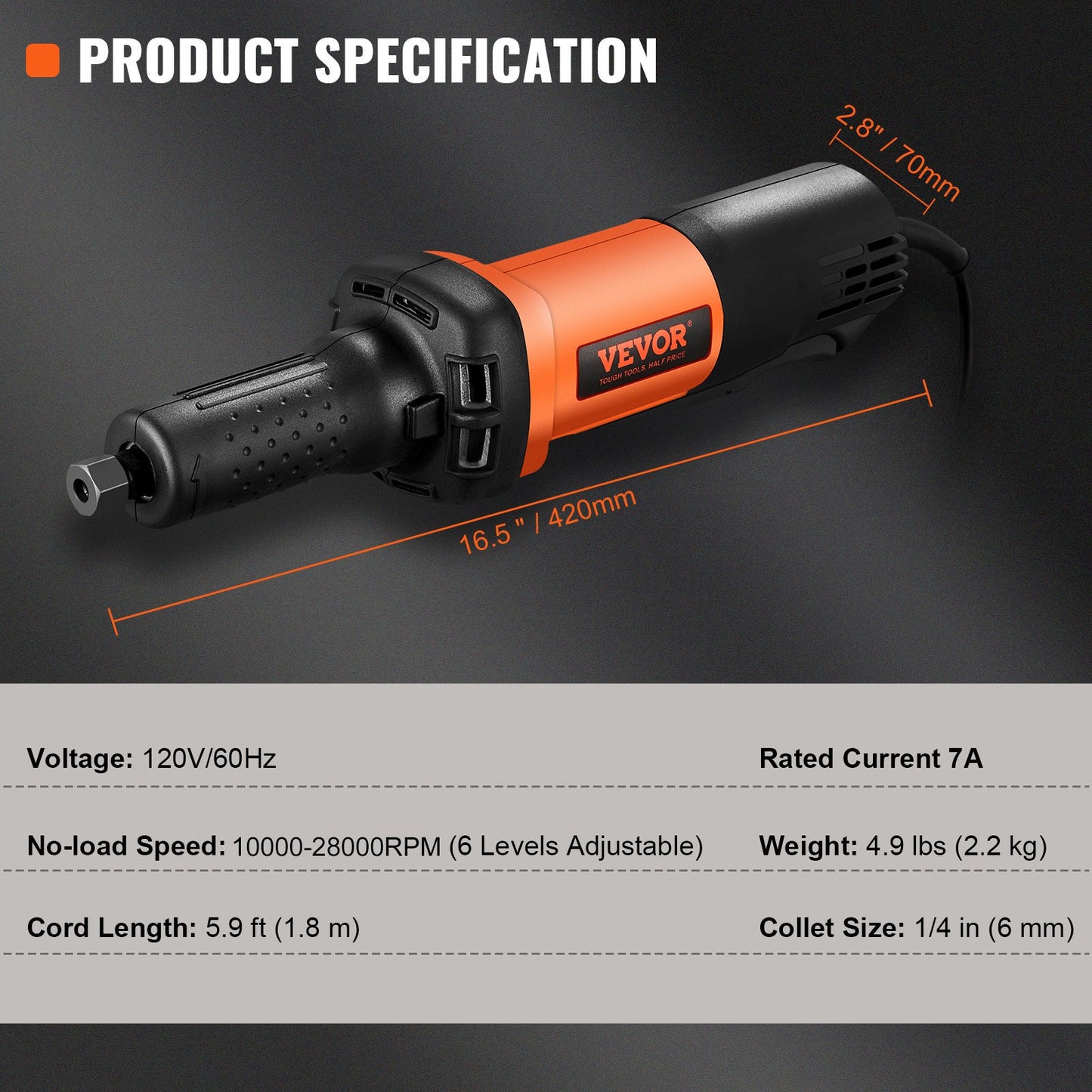 Stempelschleifer, 1/4 Zoll, robuster gerader Stempelschleifer, 30.000 U/min, 6 variable Geschwindigkeiten