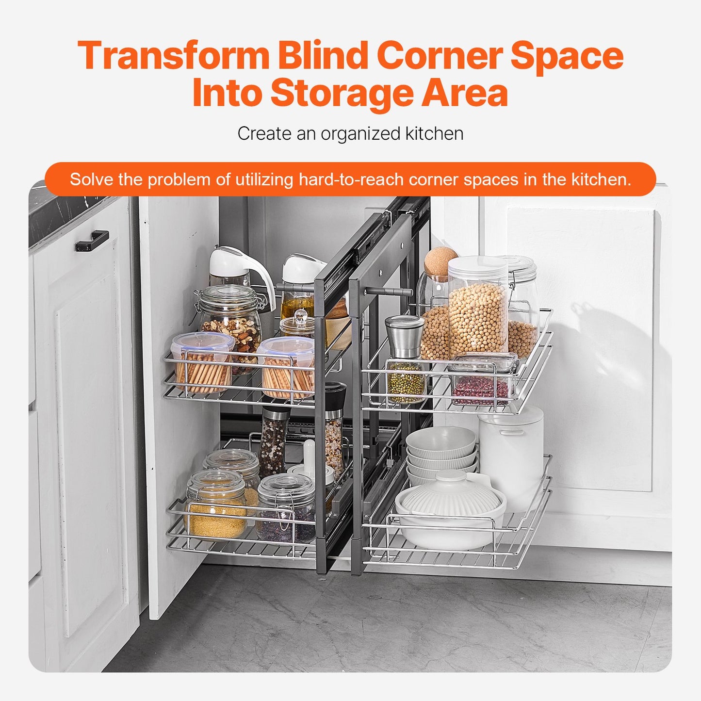 2 Tier Blind Corner Pull Out Organizer Chrome Kitchen Cabinet Basket