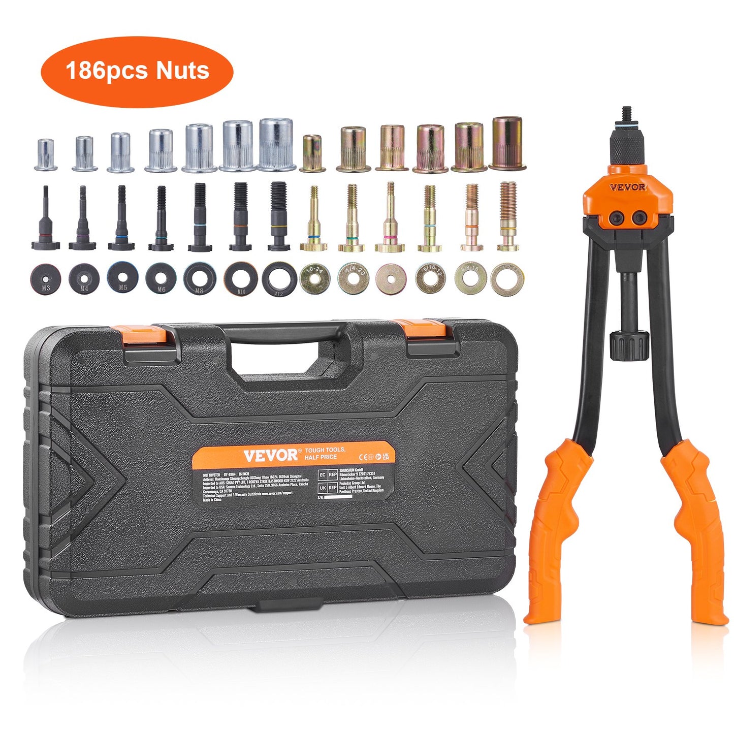 Nietmutternwerkzeug, 16-Zoll-Nietmuttern-Werkzeugsatz mit 13 metrischen und SAE-Dornen, 186 Nietmuttern, M3, M4, 10-24, M5, M6, 1/4-20, 8-32, 5/16-18, M8, 3/101, M-1, M-1, M3, M4, 10-24, Tragekoffer