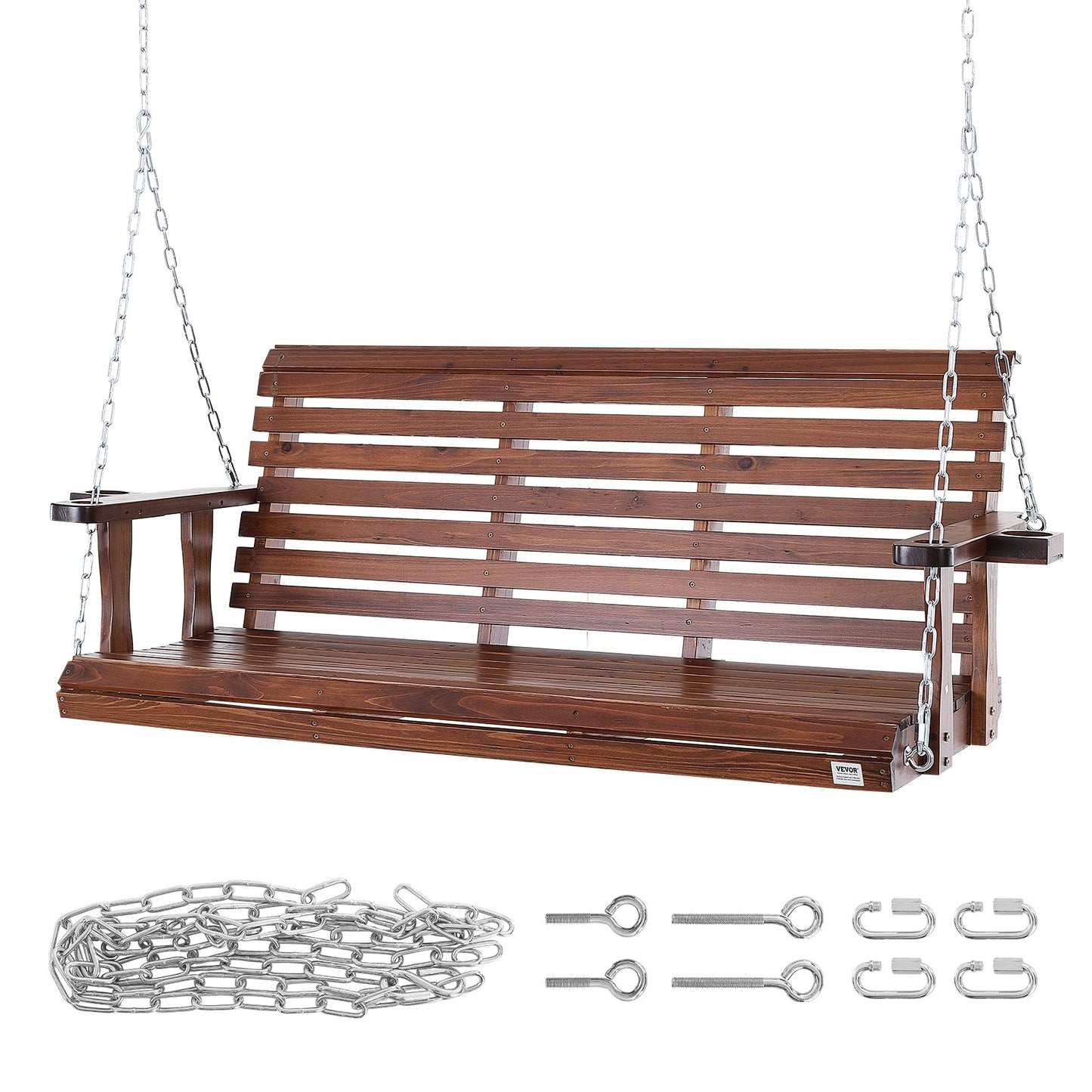 Holzschaukel für die Veranda, 1,77 m, Terrassenbankschaukel für Hof und Garten, verbesserte Tragkraft von 390 kg, robuste Schaukelstuhlbank mit Aufhängeketten für den Außenbereich, braun