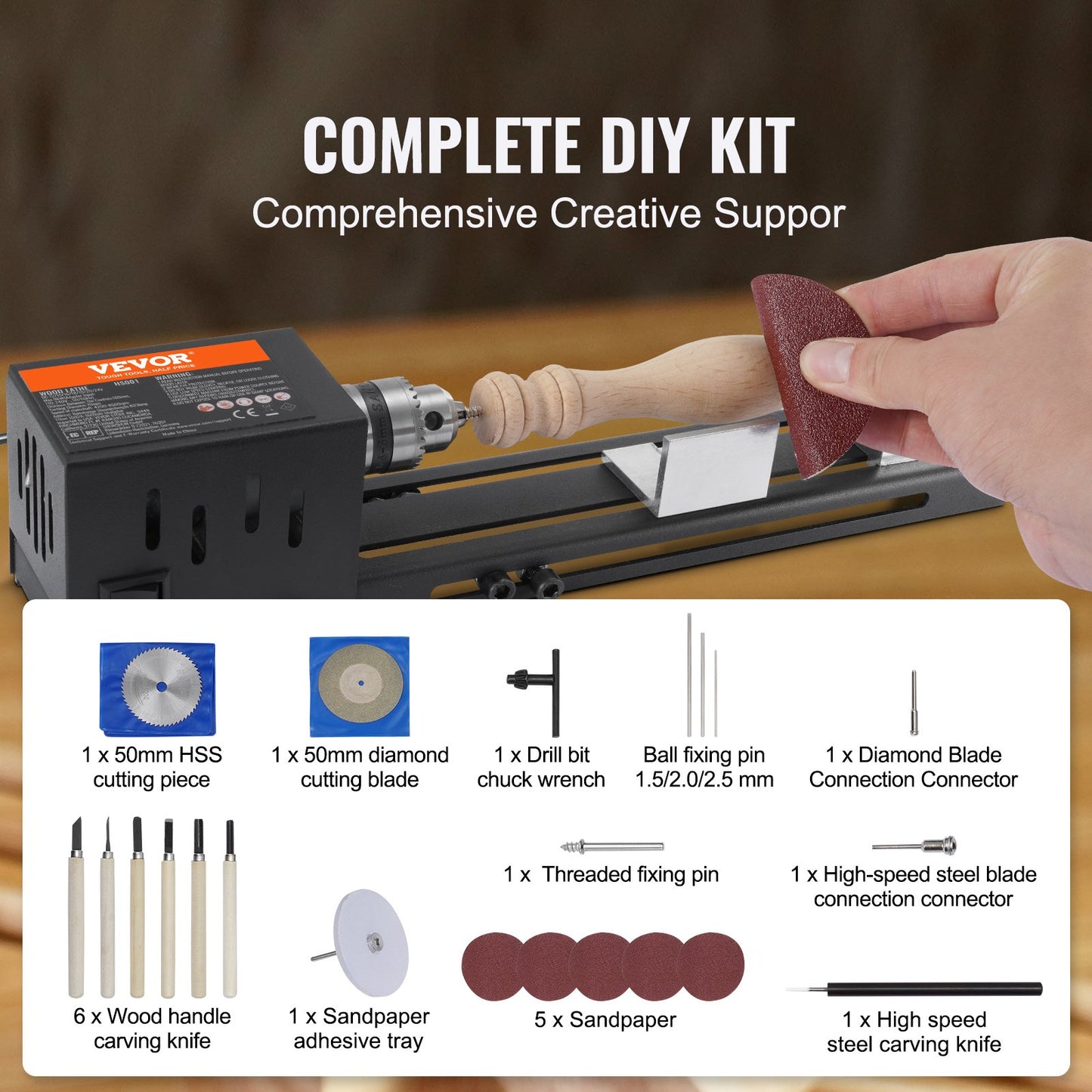 Mini Lathe Machine, 2.76 inch x 6.3 inch, 24VDC 96W Mini Wood Lathe Tool Milling Machine Accessories, 7 Speeds 4220/5300/5650/6350/6660/7050/8450 RPM, for DIY Woodworking Drill Rotary Tool