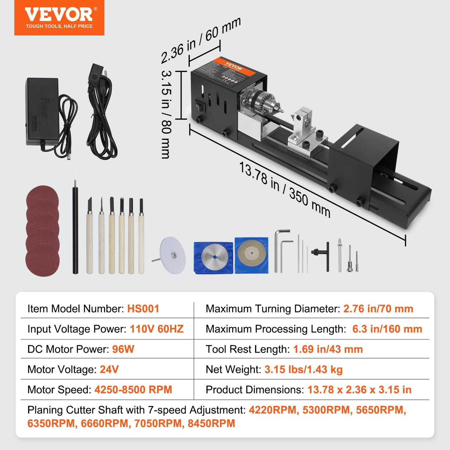 Mini Lathe Machine, 2.76 inch x 6.3 inch, 24VDC 96W Mini Wood Lathe Tool Milling Machine Accessories, 7 Speeds 4220/5300/5650/6350/6660/7050/8450 RPM, for DIY Woodworking Drill Rotary Tool