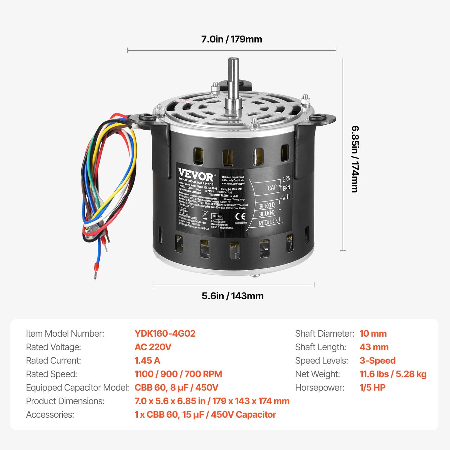 1/5HP Oven Fan Motor 220V 1.45A 1100RPM 3-speed 8μF/450V capacitor